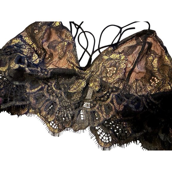 Lace & Metallic Esme Bralette Foil Lace For Love & Lemons Skivvies Black Gold - Picture 7 of 9